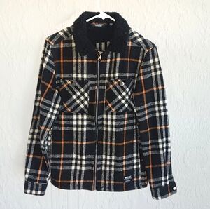 Wesc Black Orange Plaid Teddy Jacket Zip Up Sherpa Streetwear Warm Fuzzy Western